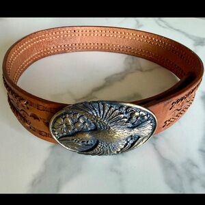 Streets Ahead Tooled Leather Belt with Floral Bird Brass Buckle Brown Western